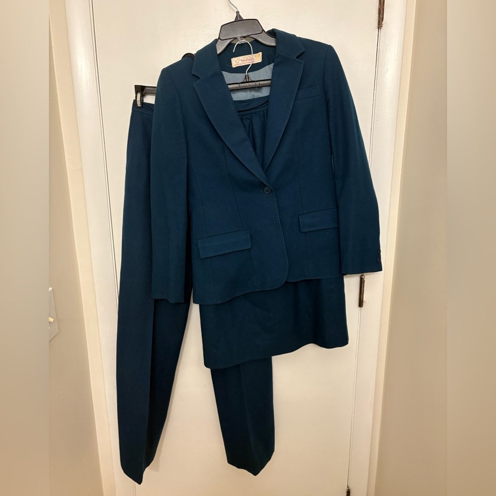 VTG Pendleton 3-Piece Suit Set 100% Virgin Wool Teal Blazer Skirt Pants 7/8 USA